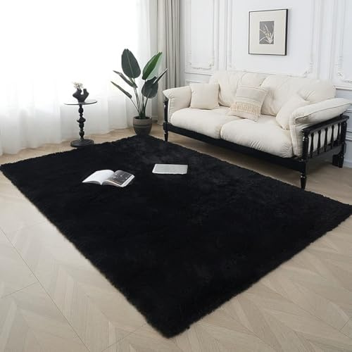 Miaogoo Alfombra grande y esponjosa para dormitorio, sala de estar, antideslizante, alfombra de felpa para sala de estar, dormitorio, cocina, pasillo, oficina (negro, 160 x 230 cm)