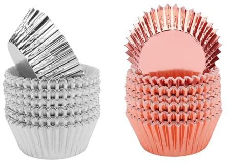 LOLIPPYY 200 Moldes para Muffins de Papel Metalizado Resistentes a Fugas Tamaño Estándar Plata y Oro Rosa Ideales para Fiestas Cumpleaños y Horneado Profesional