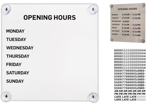 Cartello orario di apertura in metallo 26 x 26 cm, cartello orario di apertura in metallo con numeri magnetici intercambiabili e ventosa, cartelli orari riutilizzabili per negozi, bar(White)