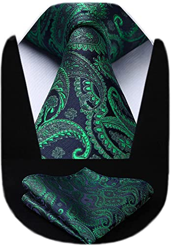 HISDERN Krawatte mit Einstecktuch Extra Lange Paisley Grün Krawatten Set und Taschentuch Elegante Hochzeit Seidenkrawatte für Männer