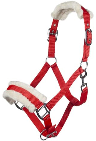 HKM Halfter -Bischofshofen- mit Plüschpolsterung Pferd Fellimitat Warmblut Vollblut Pony Nylon (Rot, Pony)