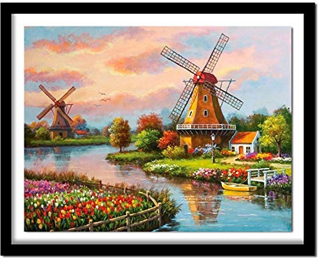 DIY 5D Diamant Painting Bilder Voll kit Windmühle am Wasser 45x60cm/18*24in Kreuzstich Diamant Malen nach Zahlen Erwachsene/Kind Diamant Stickerei Kristall Strass Art Diamond Painting home wall decor