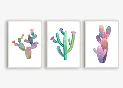Din A4 Kunstdruck ungerahmt 3er Set - Kaktus mit Blüten Sukkulenten Cactus Grafik Natur Topfpflanze Druck Poster Bild