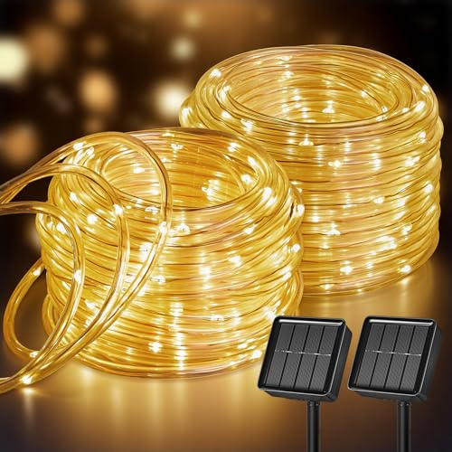 Brightown 2 Pack Solar Rope Lights, Total 78FT 200LED Warm White Solar String Lights Outdoor, IP65 Waterproof Solar Powered Fairy Lights with 8 Lighting Modes for Yard Garden Patio Tree Decoration