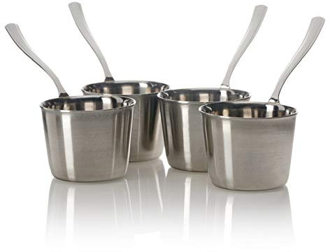 Set of 4-Mini Stainless Steel Excellent Quality Ramekins with Long Handles. Elegant Mini Pie Pans Never Rusted, Individual Baking Cocottes, Small heatproof Dishes for hot Appetizer or Warm Desert.