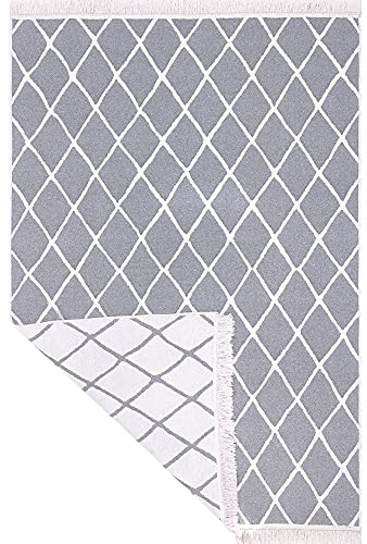 Fashion4Home Teppich Läufer - Tepiche für Wohnzimmer, Schlafzimmer, Küche, Kinderzimmer, Badezimmer - Boho Kelim - Läufer Flur, Stripe-Hellgrau-Weiß, Größe: 80x150 cm