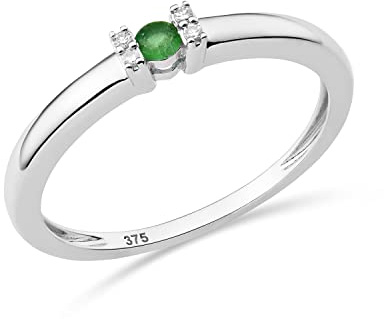 MIORE anillo de compromiso con 4 diamantes naturales 0,02 quilates y esmeralda verde natural 0,06 quilates engastados en oro blanco 9 quilates 375