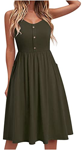 Yageshark Sommerkleid Damen Einfarbig Spaghetti Swing Strandkleid Knielang A-Linien Knopf Kleid Midikleid (Grün,Medium)