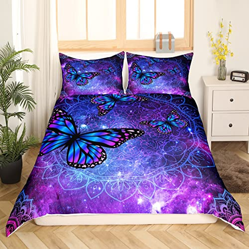 Galaxis, set di biancheria da letto con farfalla, 135 x 200 cm, per bambini, ragazzi, stile bohémien esotico, set di biancheria da letto con fiori e farfalle, lilla con 1 federa 80 x 80 cm