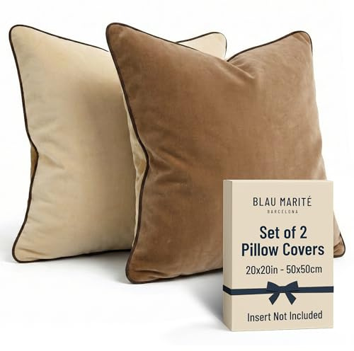 BLAU MARITÉ 2 dekorativa kuddöverdragsset. Modell CAMBRIDGE. Tillverkad av extra mjuk sammet. Moderna dubbelsidiga mönster. Fyllning ingår inte. (50 x 50 cm (20 x 20 tum), brun/beige, 2)