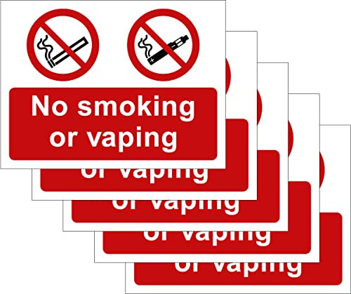Pack of 5 self adhesive safety signs 135mm x 180mm - No smoking or vaping Regulation colours