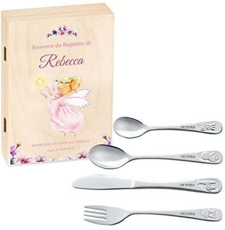 Maverton Set de couverts de table personnalisé dans boîte en bois imprimée - couvert bebe - Thème Animal - Cadeau bapteme fille - Pour filles - Cadeau bébé - Coutellerie gravée - petit ange