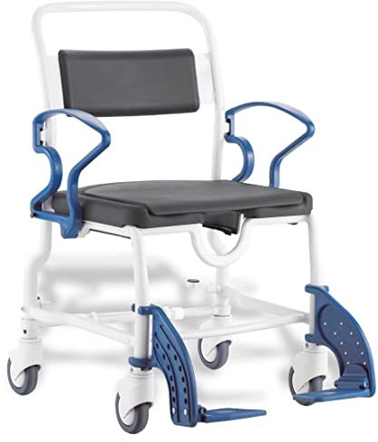 FabaCare Toilettenrollstuhl Duschrollstuhl Chicago XXL, bis 200 kg, made in Germany, Premium Toilettenstuhl, Duschstuhl fahrbar, Rollstuhl mit WC Eimer, Grau-Blau