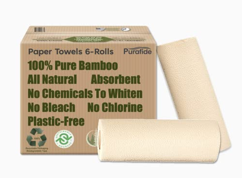 Purafide 100% Bamboo Paper Towels, Tree-Free, Chemical-Free, Lint-Free, Durable, Absorbent, Select-a-Size 2-Ply, 90 Sheets Per Roll. (PT 6 Rolls)