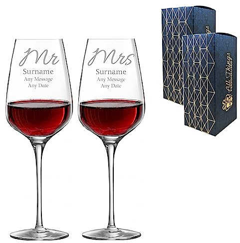 Personalised Engraved Set of Mr and Mrs Wine Glasses, Gift Boxed, Anniversary or Wedding Gift, Two 15.8oz/450ml Sublym Wine, Elegant Font Design, Engraved in The UK