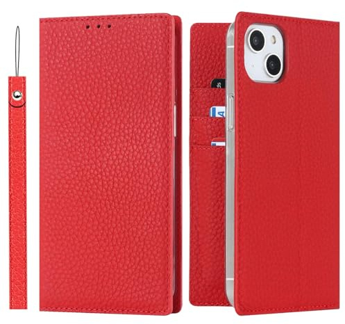 ELTEKER Hülle für iPhone 15 Handyhülle [Echtes Leder] Klapphülle mit Kartenfach,Schutzhülle Leder Hülle für iPhone 15 - Rot