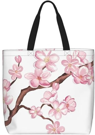 DEHIWI Kirschblüten-Einkaufstasche für Frauen, wasserdicht, lässig, mit Reißverschluss, Einkaufen Handtaschen für Büro, Einkaufen, Reisen, Schwarz , Einheitsgröße