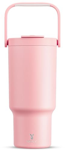 Meoky 32 oz Tumbler with Handle, Tumbler with Lid and Straw, Stainless Steel Travel Mug, 100% Leak Proof, Keeps Cold for 24 Hours, Fits in Car Cup Holder (Blush)
