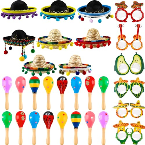 Swakuta 30 Pcs Cinco De Mayo Fiesta Party Favors Include 16 Pcs Wooden Fiesta Maracas 6 Pcs Mexican Paper Eyeglasses 8 Pcs Mini Sombrero Top Hat for Mexican Fiesta Party Deco