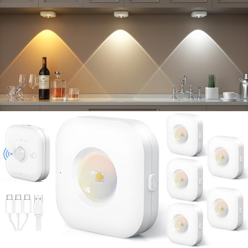 Coovee Unterbauleuchte Schrankbeleuchtung LED mit Fernbedienung, Kabellos Bewegungsmelder,3 Farbtemperaturen&Dimmung,USB Aufladbar Spot akku Indirekte Vitrinenbeleuchtung Schrankleuchte Küche 6 Stück