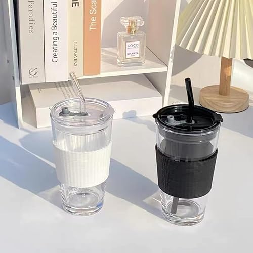 Lot de 2 Gobelets en Verre de 450 ml Avec Couvercle et Paille - Pour Adultes, Café, Smoothie, Thé aux Fruits - Tasse à Café Glacé à Emporter, Verres à Whisky