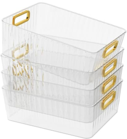 Lasbily 4 Packs Clear Plastic Storage Bins with Handle, Pantry Organiser Containers for Kitchen Cupboard, Fridge, Cabinets, Bathroom