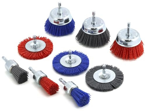 QWORK® 9 Pezzi Spazzole in Nylon Set, Spazzole per Trapano con Albero 1/4 (6,35 mm), per Levigare, Pulire e Rimuovere la Ruggine