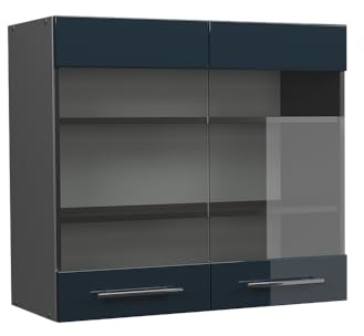 Vicco Küchenglasschrank Fame-Line, Dunkelblau Hochglanz, 80 cm | MDF-Front · Soft-Close · Tiefe – 34,1 cm · Metallgriffe · ✓ Alles im Blick