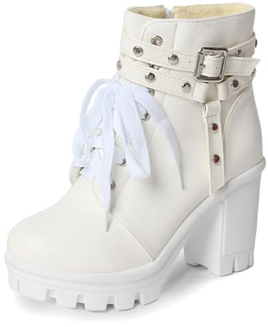 MEOTINA Goth Chunky Plateau-Stiefel für Damen, hoher Absatz, schwarze Stiefeletten, Nieten, Punk, Kampfstiefel, Schuhe, Chunky White, 35 EU