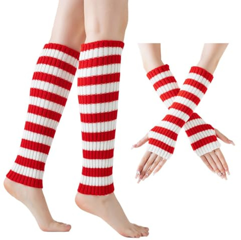 Whakano Fingerlose Handschuhe und Beinstulpen Set,Strick Beinwärmer Armwärmer Damen Warm Gestreifte Handwärmer Legwarmer Winter,Armstulpen Lange Stulpen für Yoga,Laufen,Party,Festival,Rot Weiß