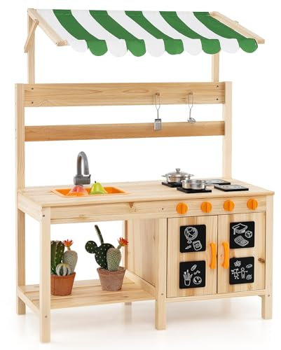 COSTWAY Cuisine Extérieure Enfant avec Tableau Noir & Auvent, Jeu en Bois de Sapin avec 4 Accessoires & 4 Cuisinières, Boutons Rotatifs & Étagère de Boue pour Enfant de 3 Ans+