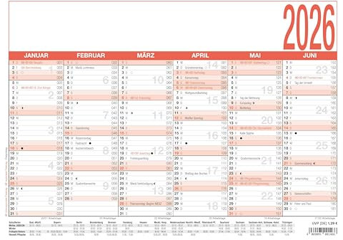 Zettler Arbeitstagekalender A4 2026 – Bürokalender groß 30 × 21 cm, 6 Monate pro Seite, Arbeitstage-, Tages- & Wochenzähler, Ferienübersicht, Feiertage, Mondphasen, Wandkalender kompakt, FSC Karton