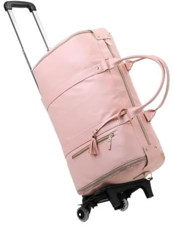 RUWLFE Sac De Voyage à roulettes Sac à vêtements de Voyage 55L, Bagage à Main de Week-End avec Sac à Chaussures et Sangle de Chariot, Valise Portable(Pink)
