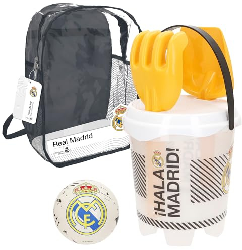 ColorBaby 77599 Real Madrid Mochila Cubo Castillo, Ø18 cm, set con balón Ø13 cm, pala y rastrillo, diseño oficial del club, juguete de playa y arena para niños