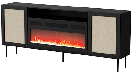 Cajonera Yucca de 202 cm con chimenea eléctrica, color negro mate, 2 puertas, 4 estantes cerrados, 1 estante abierto, cómoda para salón, cómoda para dormitorio, gran capacidad