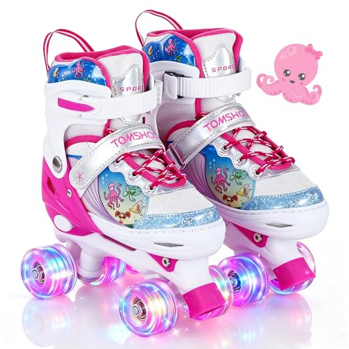 TOMSHOO Roller Skates for Girls Boys Kids Roller Skates 4 Sizes Adjustable Quad Skates With Light Up Wheels Roller Boots for Indoor Outdoor Birthday Gift (Ocean Pink, Small(UK 11-13.5))