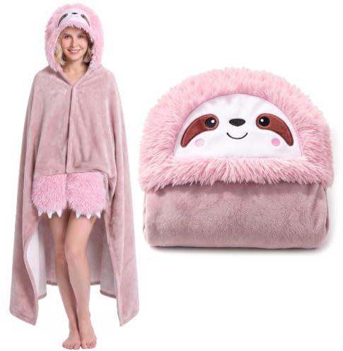 KBIBCK Hoodie Decke, Kuscheldecke mit Ärmeln, Tragbare Decke mit Handschuhen, Weiche Flanell Faultier Erwachsene Weihnachten Geburtstagsgeschenk für Freundin Mütter, 152 x 125cm