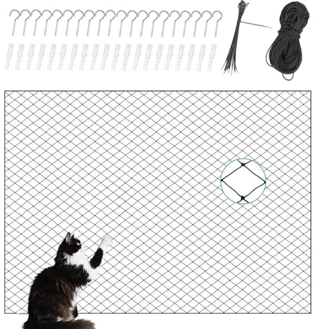 Cat Patio Netting - Balcony Fence Shield, Pet Safety Barrier | Strong Protective Mesh in Weatherproof Design, Reliable Apartment Window Cover, Outdoor Garden Indoor Deck Usage Kit Installation Solutio