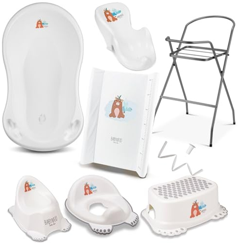 Babybadewanne mit Ständer 8 Set TÜV Rheinland geprüft - Babybadewanne + Baby Badewannensitz + Wickelauflage + Gestell + Abfluss + Töpfchen + Hocker + WC Sitz Kinder