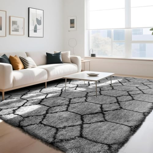 ZRSDIXKI Tapis de salon à poils longs - 160 x 230 cm - Noir/gris