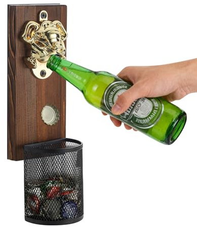 OIULO Vintage Wooden Wall-Mounted Bottle Opener with Cap Collector - Perfect Gifts for Men & Beer Enthusiasts, Great for Bar Decor