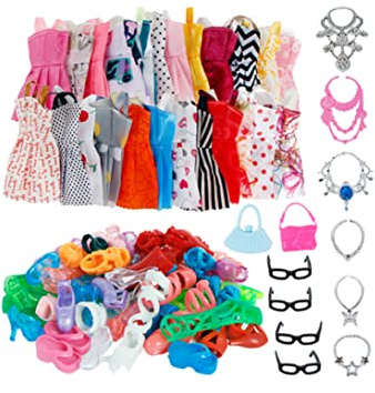 AZIDWERYQ Docka kläder accessoarer prinsessa festklänningar skor väskor smycken set barn leksak kläder födelsedag för flicka 32 st dockor skor klänningar smycken set