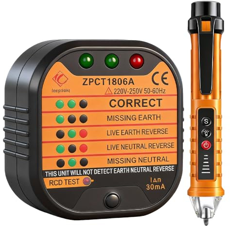 SGZIOO Socket Tester UK, Rcd GFCI Plug Socket Tester with LCD Display, Electrical Voltage Tester with Voltage Detector Pen, 220-250v Circuit Polarity Voltage Detector for Power Socket Wiring