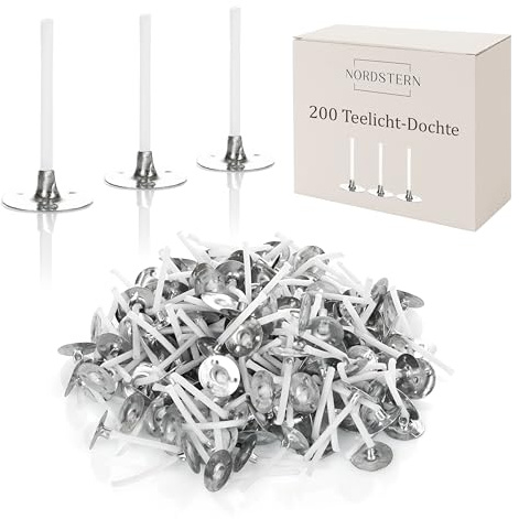 Nordstern Kerzendocht für Teelichter 200er Pack - Dochte Set zur Kerzenherstellung von Wachs Kerzen - Teelichtdocht mit Fuß zum Bastel Duft Kerzen Gießen