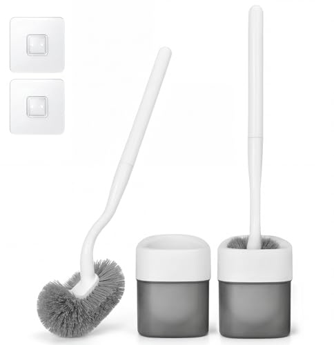 EINESIN Juego de 2 cepillos de inodoro mejorados, juego de cepillo de inodoro de plástico y soporte, cerdas fuertes, cepillo delgado y compacto para baño, montaje en pared, limpieza profunda