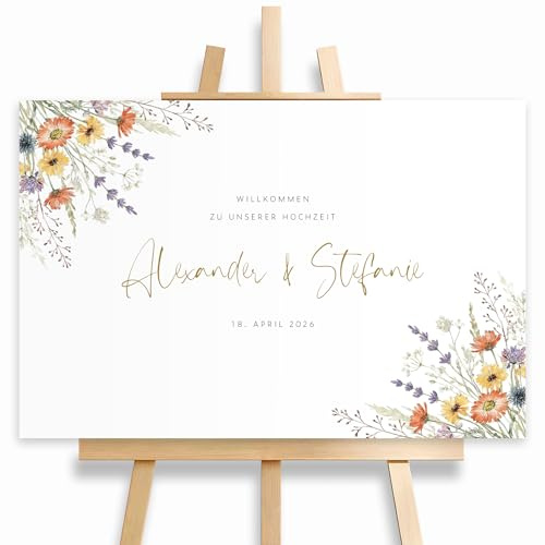 HEI Print Personalisiertes Willkommensschild Hochzeit mit Namen & Datum | Wildblumen Motiv | Welcome Sign Hochzeitsdeko | Schild auf Staffelei | Individuelles Brautpaar Geschenk