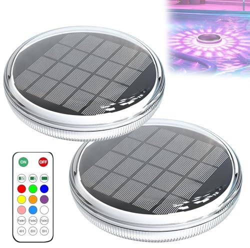 AXVRAV 2 Stück Solar Poolbeleuchtung Unterwasser, Schwimmende Teichbeleuchtung mit Fernbedienung, 500mAh Akku 12 Farbmodi Timer Wasserdicht LED Pool Licht für Whirlpool Schwimmbad Badewanne Deko