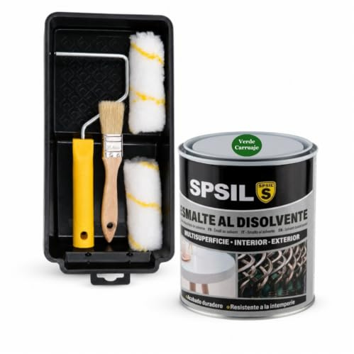 SPSIL Esmalte Antioxidante Disolvente Verde Carruaje 750ml + Kit Pintura 5 Piezas (2 Rodillos, Varilla, Bandeja, Brocha) Secado Rápido Sin Imprimación para Madera Metal Interior Exterior
