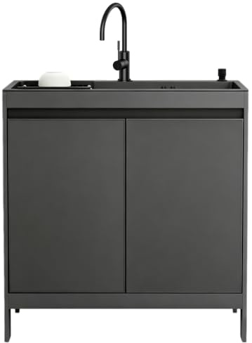 Mobile Lavatoio Lavanderia in Alluminio a Nido d'Ape con Lavello Multifunzione in Acciaio Inox Nero, Lavatoio da Appoggio con Rubinetto e Scarico per Lavanderia e Garage