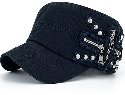 Rayna Fashion Women Soft Washed Cotton Adjustable Flat Top Military Army Hat Cadet Cap Zip Studs Embroidery Patch